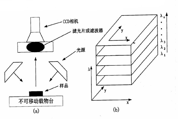 基于濾波器或濾波片的高光譜圖像系統(tǒng)圖和此系統(tǒng)下獲得的圖像數(shù)據(jù)示意圖